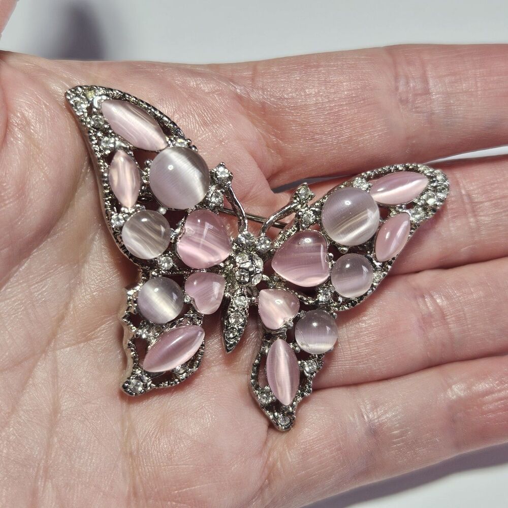 Silver Tone Pink Cat's Eye And Clear Rhinestone Butterfly Brooch
